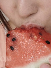Mirei Yokoyama naughty doll eats water melons and enjoys penis