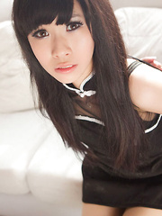 Yuko Asian in heels and cute dress has hands tied of her boobs