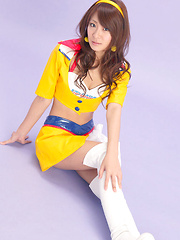 Yuki Aikawa Asian in long boots and latex suit has hot cleavage